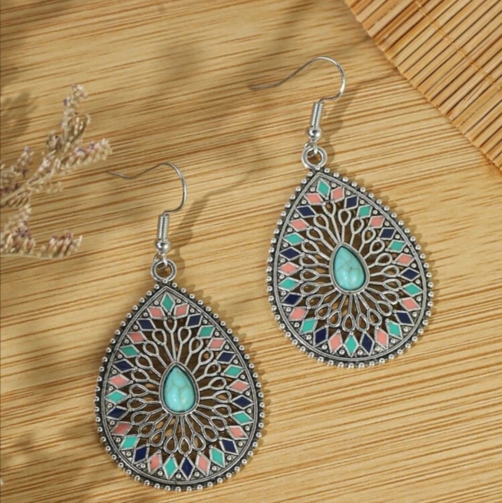 Dangle Earrings for Women Her Bohemian Pear Cut Alloy Hollow Out Dainty Statemen - Picture 2 of 3
